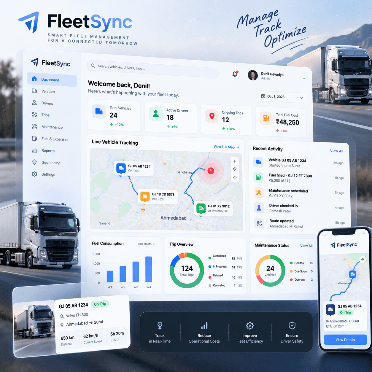 FleetSync fleet management dashboard showing vehicles, statistics, and activity.